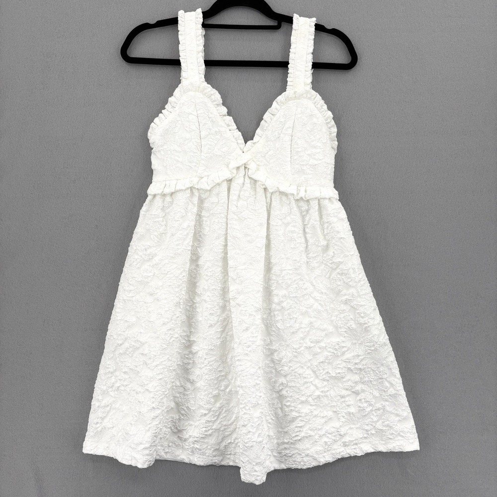 Lena Dress Small White Textured Jacquard Babydoll Mini Cottagecore Boho